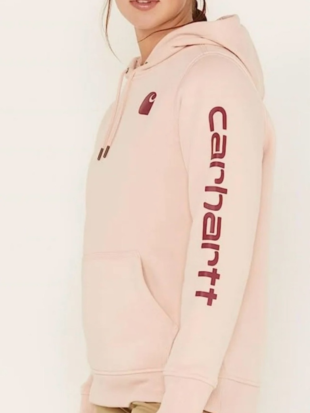 Carhartt Women's Blush Pink Hoodie with Maroon Logo - Picture 2 of 2